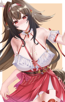 1girl absurdres alternate_breast_size_(larger) animal_ear_fluff animal_ears armband bare_shoulders blush border breasts brown_background brown_hair brown_tail cleavage closed_mouth collar collarbone commentary_request cowboy_shot cross-laced_clothes cross-laced_top droopy_ears fingernails frilled_armband frilled_collar frilled_shirt frilled_shirt_collar frills hairband head_tilt high-waist_skirt highres kuro_(blackpgmickey) large_breasts leaning_to_the_side leg_tattoo long_hair long_skirt looking_at_viewer multicolored_hairband official_alternate_costume red_bag red_eyes red_hairband red_nails red_skirt shirt skirt skirt_hold smile solo tail tattoo very_long_hair white_armband white_border white_hairband ye_shunguang ye_shunguang_(touch_of_dawnlight) zenless_zone_zero