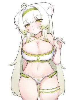 1girl absurdres ahoge alternate_costume animal_ears bare_shoulders belly bikini breasts breasts_squeezed_together cleavage ferret ferret_ears ferret_girl food fruit g-string gluteal_fold gradient_hair green_bikini green_eyes green_hair hairband hand_up head_tilt highres indie_virtual_youtuber laimu_(vtuber) large_breasts lime_(fruit) lime_slice long_hair midriff multicolored_bikini multicolored_hair navel open_mouth sae_art simple_background skindentation swimsuit thigh_gap thigh_strap thighs thong thong_bikini two-tone_hair vinesauce virtual_youtuber waving white_background white_bikini white_hair