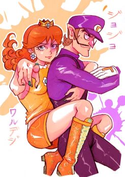 1boy 1girl black_overalls boots brown_hair crown earrings facial_hair flower_earrings gloves green_nails hat highres jewelry long_hair mario_(series) mustache nail_polish nintendo onirizu orange_boots orange_shorts overalls pointy_ears princess_daisy purple_hat purple_shirt shirt shorts waluigi white_gloves
