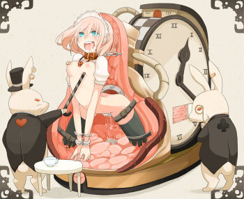 1girl alice's_adventures_in_wonderland aqua_eyes ball_gag bdsm belt bondage bottomless bound breasts cane chain clock collar cuffs cum cup drooling earrings gag gag_around_neck unworn_gag happy hat highres jewelry kneeling large_breasts machine mad_hatter_(alice_in_wonderland) maid maid_headdress march_hare_(wonderland) monocle nipple_piercing nipples open_mouth original piercing pink_hair pussy_juice rabbit restrained saliva sex_machine smile takagi_(tansuke) tansuke teacup thighhighs top_hat ungagged wiffle_gag