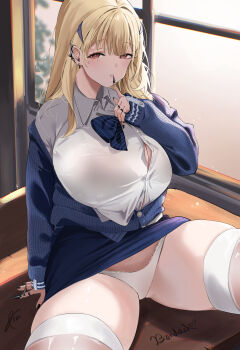 1girl absurdres blonde_hair blue_bow blue_bowtie blue_cardigan blue_skirt bow bowtie bra_visible_through_clothes breasts button_gap cardigan classroom claw_ring cleavage clothes_lift collared_shirt desk earrings finger_to_mouth goddess_of_victory:_nikke gyaru hair_ornament hairclip highres huge_breasts indoors jewelry kogal long_hair long_sleeves looking_at_viewer miz_blank mole mole_under_eye multiple_rings on_desk panties pantyshot red_eyes ring school_desk shirt sitting skindentation skirt skirt_lift spike_piercing spread_legs thick_thighs thighhighs thighs tia_(nikke) underwear white_panties white_shirt white_thighhighs