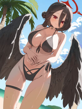 1girl absurdres bikini black_bikini black_choker black_hair black_wings blue_archive breasts choker closed_mouth commentary feathered_wings hair_between_eyes hair_bun halo hasumi_(blue_archive) hasumi_(swimsuit)_(blue_archive) highres ichinisan326 large_breasts long_hair looking_at_viewer navel red_eyes red_halo side_ponytail single_side_bun solo stomach swimsuit thigh_strap wings