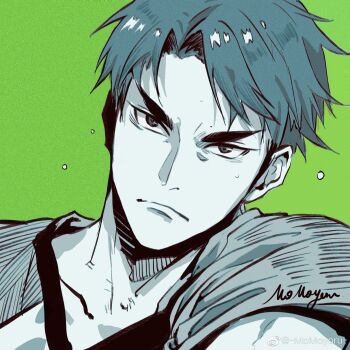 1boy artist_name closed_mouth green_background greyscale_with_colored_background haikyuu!! hashtag-only_commentary highres male_focus momoyoru1 portrait short_hair simple_background solo ushijima_wakatoshi v-shaped_eyebrows watermark weibo_watermark