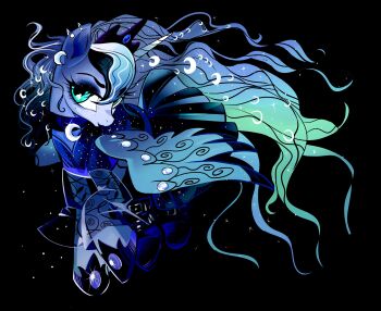 Rule 34 | absurdres, animal, animal ear piercing, animal focus, black background, black choker, black dress, black eyeshadow, black hair, black tiara, blue gemstone, blue hair, choker, crescent choker, dress, eyeshadow, feathered wings, frilled dress, frills, full body, gem, gradient hair, green eyes, green hair, hashtag-only commentary, highres, long hair, long sleeves, looking at viewer, makeup, multicolored hair, my little pony, my little pony: friendship is magic, no humans, princess luna, qianjibahe, see-through clothes, see-through sleeves, simple background, solo, sparkle, streaked hair, tiara, very long hair, wavy hair, white hair, winged unicorn, wings