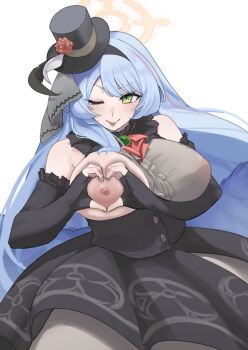 1girl ;p absurdres bare_shoulders black_dress black_gloves black_hat blue_archive blue_hair blue_wings blush breasts commentary_request denpatou dress elbow_gloves feathered_wings fingerless_gloves flower gloves green_eyes grey_dress halo hat hat_flower heart heart_hands highres large_breasts long_hair looking_at_viewer low_wings mine_(blue_archive) mine_(idol)_(blue_archive) mini_hat mini_top_hat nipples official_alternate_costume one_breast_out one_eye_closed red_flower red_rose rose simple_background solo tongue tongue_out top_hat two-tone_dress v-shaped_eyebrows white_background wings yellow_halo