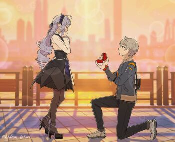 1boy 1girl absurdres ahoge black_pants black_shoes black_skirt blue_eyes blue_jacket blush bow brown_pantyhose closed_mouth commentary commission confession covering_own_mouth drill_hair english_commentary evening footwear_ribbon from_side full_body grey_hair hairband hedeon_tatari hetero highres jacket jewelry long_hair looking_at_another marriage_proposal on_one_knee outdoors pants pantyhose pointy_ears purple_bow purple_hair purple_hairband red_eyes ring ring_box shoes short_hair shrug_(clothing) skirt smile twitter_username vivian_banshee wedding_ring white_shoes white_shrug wise_(zenless_zone_zero) zenless_zone_zero