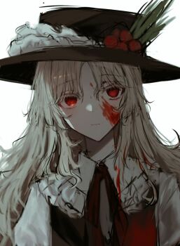 1girl blonde_hair blood blood_on_clothes blood_on_face brown_hat brown_vest commentary_request expressionless frilled_hat frilled_shirt_collar frills hat hat_feather jacket_girl_(dipp) long_hair long_sleeves looking_at_viewer neck_ribbon red_eyes red_ribbon ribbon shirt simple_background solo t03p0iungjj1krn touhou upper_body very_long_hair vest white_background white_shirt