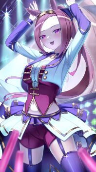 1girl absurdres animal_ears blue_choker blush bodice breasts brown_hair chain_ma choker commentary_request corset flower_in_eye garter_straps glowstick gold_hairband hairband highres horse_ears horse_girl horse_tail jacket large_breasts long_hair long_sleeves looking_at_viewer official_alternate_costume open_mouth overskirt pendant_choker ponytail purple_choker purple_eyes purple_garter_straps purple_thighhighs red_corset red_shorts sakura_bakushin_o_(umamusume) shirt shorts smile starting_future_(umamusume) symbol-shaped_pupils symbol_in_eye tail teeth thighhighs umamusume umapyoi_densetsu upper_teeth_only white_jacket white_shirt