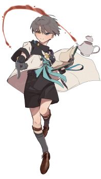 1boy absurdres aisu_(ahono_ice) black_sclera black_shorts blue_eyes book brown_shoes coat colored_sclera finger_gun full_body gloves grey_gloves grey_hair grey_socks hands_up heterochromia highres holding holding_book leg_up legwear_garter looking_at_viewer male_focus mismatched_sclera open_book outstretched_arm oxfords reverse:1999 shoes short_hair shorts smile socks solo spilling standing standing_on_one_leg tea teapot white_background white_coat x_(reverse:1999) yellow_eyes