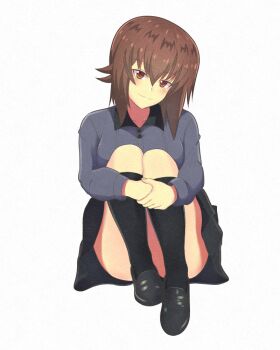 1girl black_footwear black_skirt black_socks blush breasts brown_eyes brown_hair buttons closed_mouth commentary_request dress_shirt frown girls_und_panzer grey_shirt hair_between_eyes iteza_(flapper_girl_25) kuromorimine_school_uniform large_breasts long_sleeves looking_at_viewer miniskirt nishizumi_maho own_hands_together pleated_skirt school_uniform shirt short_hair simple_background sitting skirt smile socks solo wing_collar