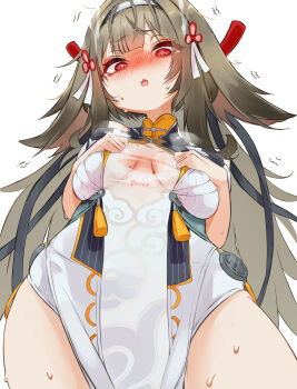 1girl @_@ absurdres accessories blush breasts brown_hair china_dress chinese_clothes clover clover_hair_ornament commentary_request cowboy_shot dress from_below hair_ornament hairband heart highres large_variant_set long_hair looking_down medium_breasts open_mouth pochi_ta red_eyes see-through_clothes simple_background solo speech_bubble sweat tears thought_bubble torn_clothes torn_dress trembling variant_set very_long_hair white_background white_dress white_hairband ye_shunguang zenless_zone_zero