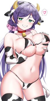 1girl absurdres animal_ear_hairband animal_ears animal_print aqua_eyes bell bikini breasts cameltoe collar commentary_request cow_ear_hairband cow_ears cow_horns cow_print cow_print_bikini cow_print_gloves cow_print_thighhighs cow_tail cowbell elbow_gloves fake_animal_ears fake_horns fake_tail gloves grabbing_own_breast hair_ornament hair_scrunchie hairband heart highres horns kazepana large_breasts long_hair looking_at_viewer love_live! love_live!_school_idol_project low_twintails naughty_face navel pink_scrunchie print_bikini print_gloves print_thighhighs purple_hair red_collar scrunchie smile solo spoken_heart suggestive_fluid swimsuit tail thighhighs tojo_nozomi twintails twitter_username white_background