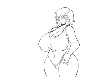 animated animated_gif breasts breasts_out dialogue_box highres huge_breasts large_breasts maymayuumi mayumi_oka messy_hair non-web_source original short_hair sketch speech_bubble tagme tank_top thong unfinished