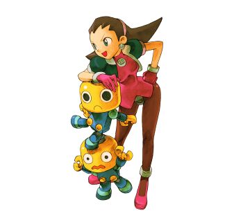 1girl black_pantyhose blue_eyes blue_shirt brooch brown_hair crotch_plate earrings forehead full_body gloves hand_on_own_hip jewelry marvel_vs._capcom marvel_vs._capcom_2 medium_hair mega_man_(series) mega_man_legends_(series) official_art pantyhose pink_gloves pink_shirt pink_shoes servbot_(mega_man) shirt shoes simple_background skull_brooch skull_earrings surprised transparent_background tron_bonne_(mega_man)