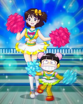 2girls black_eyes black_hair blunt_bangs bow bow_hairband brown_eyes brown_hair cheerleader choker commentary_request emphasis_lines full_body green_shirt green_skirt grin hairband hands_up highres humanoid_robot joints medium_hair midriff miniskirt mizutani_kenta multiple_girls navel open_mouth outdoors pinora_(robopon) pom_pom_(cheerleading) red_shoes robot robot_girl robot_joints robot_ponkottsu rol_(robopon) shirt shoes short_hair skirt sleeveless sleeveless_shirt smile sneakers socks sparkle standing white_socks yellow_bow yellow_choker yellow_hairband yellow_shirt yellow_shoes yellow_skirt