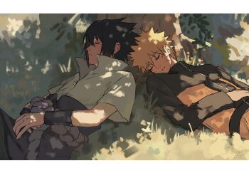 2boys black_hair black_sleeves blonde_hair border closed_eyes closed_mouth facial_mark hair_between_eyes haruiro_(hrm_ino) hashtag-only_commentary highres jacket letterboxed light_smile male_focus multicolored_jacket multiple_boys naruto_(series) naruto_shippuuden orange_jacket orange_pants pants parted_lips popped_collar rope_belt shirt short_hair sleeping spiked_hair tree two-tone_jacket uchiha_sasuke under_tree upper_body uzumaki_naruto whisker_markings white_border white_shirt yaoi