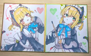 2girls animal_ear_headphones animal_ears apron black_dress blonde_hair blue_archive blue_bow blush_stickers bow commentary_request dress fake_animal_ears frilled_dress frills green_eyes hair_bow halo headphones heart highres holding long_sleeves maid maid_apron maid_headdress midori_(blue_archive) midori_(maid)_(blue_archive) momoi_(blue_archive) momoi_(maid)_(blue_archive) multiple_girls parted_lips photo_(medium) pink_eyes puffy_long_sleeves puffy_sleeves red_bow shikishi siblings sisters sleeves_past_wrists small_sweatdrop sweat tail te_toga traditional_media twins twintails white_apron