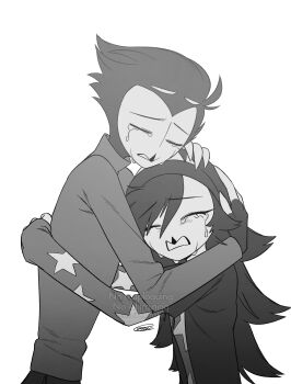 1boy 1girl ^_^ absurdres beak beanie closed_eyes commentary_request crying father_and_daughter feathers fewer_digits fingerless_gloves furry furry_female furry_male gloves greyscale hair_between_eyes hands_on_own_head hat hellaverse helluva_boss highres hug jacket layered_sleeves long_hair long_sleeves menma_(enaic31) monochrome octavia_(helluva_boss) open_clothes open_jacket open_mouth owl_boy owl_girl peanut_mouth raised_inner_eyebrows shirt short-sleeved_jacket short_over_long_sleeves short_sleeves simple_background sleeves_past_wrists star_(symbol) star_print stolas_(helluva_boss) sweater turtleneck turtleneck_sweater u_u upper_body white_background