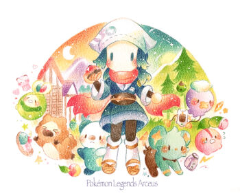 >_< 1girl akari_(pokemon) berry_(pokemon) bidoof blush budew cape cheri_berry cherubi colored_pencil_(medium) commentary_request copyright_name drifloon full_body gen_4_pokemon gen_5_pokemon headscarf highres hisuian_poke_ball holding holding_poke_ball japanese_clothes long_sleeves nintendo no_mouth no_nose oran_berry oshawott painting_(medium) poke_ball pokemon pokemon_(creature) pokemon_legends:_arceus rawst_berry red_cape red_scarf scarf shinx traditional_media watercolor_(medium) white_headscarf yukichi_0611