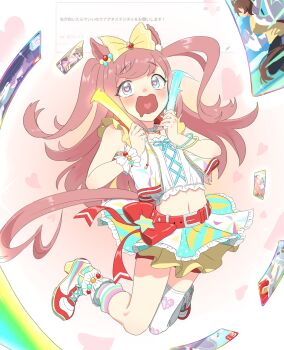 1girl absurdres agnes_digital_(full-color_fangirling)_(umamusume) agnes_digital_(umamusume) agnes_tachyon_(tach-nology)_(umamusume) agnes_tachyon_(umamusume) animal_ears bead_necklace beads belt blue_eyes blush bow bracelet card drooling glowstick gold_ship_(red_strife)_(umamusume) gold_ship_(umamusume) hair_bow heart heart-shaped_pupils heart_print highres holding holding_glowstick horse_ears horse_girl horse_tail jewelry kazoku_chicken long_hair looking_at_viewer midriff mouth_drool multicolored_skirt navel necklace open_mouth pink_hair red_belt red_shorts shoes shorts shorts_under_skirt single_thighhigh single_wrist_cuff skirt sleeveless smile solo symbol-shaped_pupils tail thighhighs umamusume wrist_cuffs yellow_bow