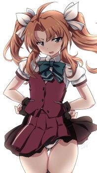 1girl 547th_sy ahoge alternate_costume black_gloves bow bowtie brown_hair cosplay cowboy_shot fingerless_gloves gloves green_bow green_bowtie hair_ribbon hands_on_own_hips highres kagerou_(kancolle) kantai_collection long_hair looking_at_viewer open_mouth panties pantyshot pleated_skirt puffy_short_sleeves puffy_sleeves purple_eyes red_skirt red_vest ribbon school_uniform shirt short_sleeves simple_background skirt solo standing twintails underwear vest white_background white_panties white_ribbon white_shirt wind wind_lift yuugumo_(kancolle) yuugumo_(kancolle)_(cosplay)
