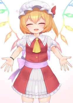 Rule 34 | 1girl, :d, absurdres, ascot, blonde hair, blush, bow, buttons, closed eyes, commentary request, cowboy shot, crystal, double-parted bangs, facing viewer, fangs, flandre scarlet, frilled shirt collar, frilled skirt, frills, gradient background, hair between eyes, harunoha, hat, hat bow, heart, highres, incoming hug, mob cap, no panties, one side up, open mouth, outstretched arms, pink background, pink bow, pink ribbon, pov adoring, puffy short sleeves, puffy sleeves, red bow, red skirt, red vest, ribbon, see-through skirt layer, short sleeves, side ponytail, skirt, skirt set, smile, solo, thighhighs, touhou, vest, waist bow, waist ribbon, white background, white hat, white thighhighs, wings, wristband, yellow ascot, zettai ryouiki