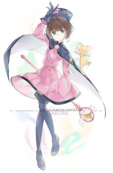 1girl black_cape black_gloves black_hat black_pantyhose brown_hair cape cardcaptor_sakura child commission dress gloves green_eyes hat highres looking_at_viewer o_(crazyoton46) pantyhose pink_dress pixiv_commission short_hair solo wand