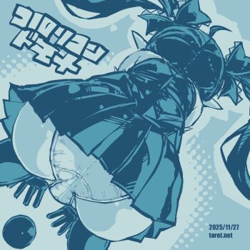 1girl ahoge ass ass_focus backbeako_(torotei) backbeard bent_over blue_background blue_theme cameltoe commentary cowboy_shot dated dated_commentary dress dutch_angle elbow_gloves from_behind gegege_no_kitarou gloves hair_ribbon kono_lolicon_domome long_hair monochrome original paid_reward_available panties pear-shaped_figure pleated_dress pointy_ears ribbon simple_background sleeveless sleeveless_dress solo torotei translated twintails underwear watermark web_address wide_hips