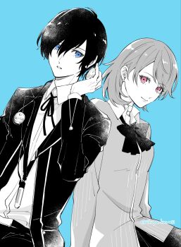 1boy 1girl black_jacket black_pants black_skirt blue_background blue_eyes bow bowtie cardigan choker closed_mouth collared_shirt commentary digital_walkman earphones earphones_removed earrings flipped_hair gekkoukan_high_school_uniform hair_between_eyes hand_up highres holding holding_earphones ikuya_kawaii jacket jewelry long_sleeves looking_at_viewer loose_bowtie mp3_player neck_ribbon open_clothes open_jacket pants parted_lips persona persona_3 pink_eyes ribbed_cardigan ribbon school_uniform shirt short_hair skirt smile stud_earrings takeba_yukari upper_body white_choker white_shirt yuuki_makoto_(persona_3)