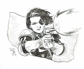 1girl 2010 armor birthmark bodysuit commentary deadpool_(series) domino_(marvel) english_commentary english_text facial_mark firing gloves greyscale gun handgun highres holding holding_gun holding_weapon jim_cheung looking_at_viewer marvel monochrome one_eye_closed pauldrons short_hair shoulder_armor sketch solo third-party_source traditional_media upper_body weapon western_comics_(style) x-men