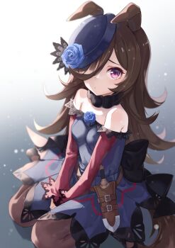 1girl :/ absurdres animal_ears bare_shoulders black_choker black_pantyhose blue_eyes blue_flower bowler_hat brown_hair choker closed_mouth dagger dot_mouth dress ears_down flower fur-trimmed_choker fur_trim hand_on_own_stomach hat hat_flower highres horse_ears horse_girl horse_tail knife long_bangs long_hair long_sleeves looking_at_viewer monane4 off-shoulder_dress off_shoulder pantyhose purple_dress purple_hat rice_shower_(rosy_dreams)_(umamusume) rice_shower_(umamusume) sheath sitting solo speech_bubble tail tilted_headwear umamusume very_long_hair wariza weapon