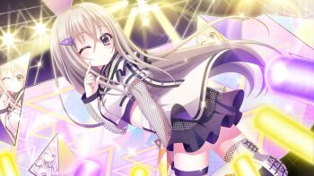 1girl blurry blurry_foreground boots breasts brown_hair concert crop_top dot_nose film_grain finger_to_cheek fishnet_sleeves fishnet_thighhighs fishnets from_behind from_below game_cg glowstick hair_between_eyes hair_ornament hand_on_own_thigh idol idol_clothes izumi_tsubasu leaning_forward lens_flare long_hair long_sleeves looking_at_viewer looking_back non-web_source official_art one_eye_closed prism puckered_lips purple_eyes purple_skirt re:stage! sakura_miu screen skirt small_breasts solo sparkle stage stage_lights thighhighs triangle_hair_ornament twisted_torso very_long_hair white_boots