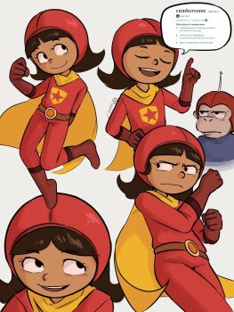 1girl :d artist_name belt belt_buckle black_eyes blunt_bangs bodysuit boots brown_belt brown_hair buckle cape captain_huggy_face child clenched_hand closed_eyes closed_mouth commentary dark-skinned_female dark_skin english_commentary english_text flying full_body gloves hand_on_own_hip helmet highres jitome long_sleeves looking_at_another medium_hair monkey multiple_views open_mouth orange_cape penpal-p red_bodysuit red_footwear red_gloves signature simple_background smile speech_bubble star_(symbol) white_background wordgirl_(character) wordgirl_(series)