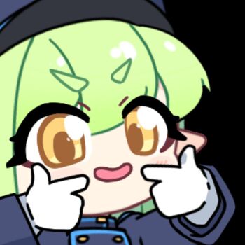 1girl :d acomu414 animated animated_gif bad_source black_hat black_jacket blue_archive buttons chibi commentary double-breasted furrowed_brow gloves hands_up hat hikari_(blue_archive) jacket long_hair long_sleeves looking_at_viewer looping_animation lowres making_faces mouth_pull open_mouth peaked_cap simple_background smile solo symbol-only_commentary taunting train_conductor transparent_background upper_body v-shaped_eyebrows white_gloves yellow_eyes