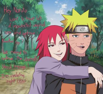 1boy 1girl blonde_hair blue_eyes blush english_text highres karin_(naruto) long_hair meme naruto_(series) naruto_shippuuden no_way_fag_(meme) red_eyes red_hair short_hair spy_eater_(artist) uzumaki_naruto