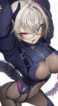1girl arms_up blush bodysuit breasts covered_navel glasses grey_bodysuit grey_hair hair_ornament highres horns indie_virtual_youtuber large_breasts long_hair long_sleeves looking_at_viewer mechanical_horns mechanical_tail medium_breasts open_mouth red_eyes saruei_(vtuber) scar scar_across_eye scar_on_face solo tail trnnmnm4 virtual_youtuber