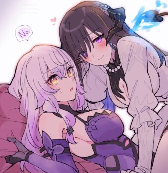 2girls black_hair black_horns black_swan_(honkai:_star_rail) breasts cleavage commentary_request dahlia_(genshin_impact) detached_sleeves dress heart highres honkai:_star_rail honkai_(series) horns large_breasts long_hair looking_at_another looking_at_viewer multiple_girls parted_lips purple_dress purple_eyes purple_hair sideboob smile sorimachi-doufu white_dress yellow_eyes yuri