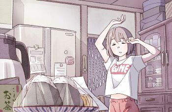1girl arms_up cabinet closed_eyes commentary cowboy_shot drawer food grey_hair indoors kettle kitchen midriff_peek mor_(funh8428) onigiri original parted_lips pink_shorts plastic_wrap print_shirt refrigerator shirt short_hair short_sleeves shorts slice_of_life solo standing stretching t-shirt waking_up white_shirt