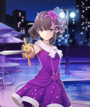 1girl bad_perspective bare_shoulders blue_sky bow breasts brown_hair chair choker city_lights cityscape collarbone cowboy_shot dot_nose dress earrings game_cg hair_ornament hair_ribbon holding holding_sword holding_weapon jewelry lamppost looking_at_viewer night nitta_hirona official_art outdoors parted_lips pointing_melee_weapon pointing_sword pool poolside purple_dress purple_eyes purple_ribbon rapier ribbon round_table sash short_hair sidelocks sky small_breasts snowflake_earrings solo star_(sky) strapless strapless_dress string_of_pearls sword table teeth third-party_source toji_no_miko toji_no_miko:_kizamishi_issen_no_tomoshibi tree umbrella weapon white_bow white_choker white_sash