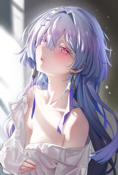 1girl absurdres blurry blurry_background blush breasts collarbone colored_eyelashes commentary_request earrings grey_hair hair_between_eyes highres jewelry koe_neko_(wmfj2858) light_particles long_hair looking_at_viewer mornye_(wuthering_waves) off_shoulder open_mouth red_eyes shirt small_breasts solo triangle_earrings upper_body white_shirt wuthering_waves