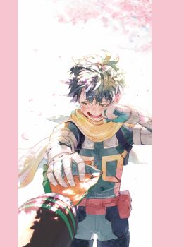 2boys absurdres bakugou_katsuki blush boku_no_hero_academia border cape cherry_blossoms commentary_request crying falling_petals green_eyes green_hair highres holding_hands male_focus midoriya_izuku multiple_boys open_mouth petals pillarboxed pink_border pov pov_hands short_hair simple_background snot solo_focus superhero_costume tears twitter_username unou_(unou_mha) white_background wiping_tears yellow_cape