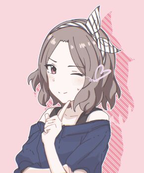 1girl artistic_error blue_shirt blush closed_mouth commentary drawn_wings drop_shadow ebizuka_tomo girls_band_cry grey_hair hair_ribbon happy_birthday heart highres index_finger_raised looking_at_viewer n_nai_nai_n off-shoulder_shirt off_shoulder one_eye_closed pink_background ribbon shirt short_hair solo textless_version too_many_fingers upper_body