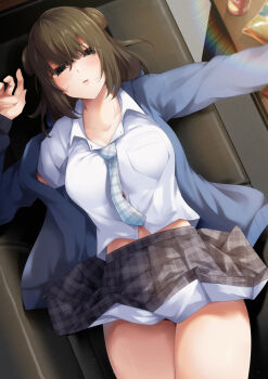 1girl black_eyes black_hair black_jacket black_skirt blush breast_pocket breasts collared_shirt commentary_request highres indoors jacket large_breasts long_sleeves looking_at_viewer lying omura_saki on_back parted_lips pocket ryouma_(galley) shirt skirt solo white_shirt yumeochi_-_yume_de_bokura_wa_koi_ni_ochiru