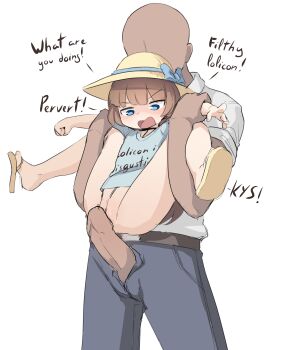 1boy 1girl absurdres anti-chan bald bottomless brown_hair clothes_writing english_text erection faceless faceless_male feet hand_size_difference hat height_difference held_up hetero highres imminent_penetration imminent_rape imminent_vaginal kanbaki loli looking_at_penis open_mouth original pedophile penis pussy reverse_suspended_congress sandals sex sex_from_behind simple_background sun_hat talking toes uncensored unzipped white_background
