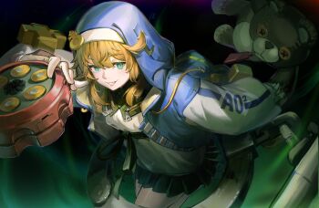 1boy absurdres androgyne_symbol aqua_eyes arm_up black_skirt blonde_hair blue_jacket bridget_(guilty_gear) commentary cuffs dark_background english_commentary fingerless_gloves from_above gloves guilty_gear guilty_gear_strive handcuffs highres holding holding_stuffed_toy holding_toy hood hood_up hooded_jacket jacket looking_at_viewer mrstomachache multicolored_jacket nun oversized_object pleated_skirt shirt sidelocks skirt smile standing stuffed_toy toy two-tone_jacket white_jacket white_shirt yo-yo