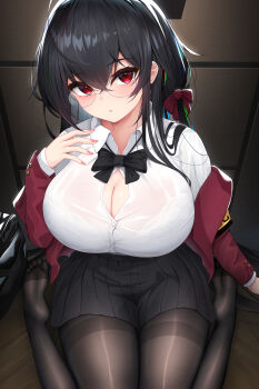 1girl armband azur_lane bag black_bow black_bowtie black_hair black_skirt bow bowtie bra bra_visible_through_clothes breasts brown_pantyhose cleavage collared_shirt crossed_bangs glasses hair_between_eyes hair_bow hand_up highres jacket large_breasts long_hair long_sleeves nekoda_(maoda) no_shoes off_shoulder official_alternate_costume pantyhose pleated_skirt red_bow red_eyes red_jacket rimless_eyewear round_eyewear school_bag school_uniform see-through_clothes see-through_shirt shirt shirt_tucked_in sidelocks sitting skirt solo taihou_(azur_lane) taihou_(sweet_time_after_school)_(azur_lane) thighband_pantyhose toes underwear wariza white_bra white_shirt yellow_armband