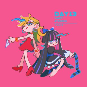 2girls :q artist_name black_dress black_hair black_shoes blonde_hair blue_eyes blunt_bangs bracelet character_name colored_inner_hair commentary_request dot_nose dress earrings eyelashes feet high_heels highres holding holding_legwear holding_panties holding_underwear holding_unworn_clothes hoop_earrings jep5e jewelry long_hair long_sleeves multicolored_hair multiple_girls one_eye_closed panties panty_&amp;_stocking_with_garterbelt panty_(psg) pink_background pink_hair purple_hair red_dress red_shoes shoes siblings simple_background single_bare_foot single_leg_pantyhose single_shoe sisters smile soles stocking_(psg) streaked_hair toes tongue tongue_out two-tone_leggings underwear unworn_panties very_long_hair white_panties