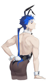 1boy absurdres animal_ears ass back bara black_leotard blue_hair brown_pantyhose cropped_legs crossdressing crossdressing_(mtf) cu_chulainn_(fate) cu_chulainn_(lancer)_(fate) fake_animal_ears fake_tail fate/grand_order fate_(series) from_behind hair_tubes hand_on_own_hip highres leotard long_hair looking_back male_focus male_playboy_bunny muling_0v0 muscular muscular_male pantyhose ponytail profile rabbit_ears rabbit_tail red_eyes simple_background single_hair_tube solo strapless strapless_leotard tail white_background wrist_cuffs
