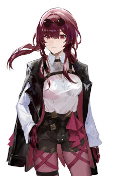 1girl absurdres black_jacket breasts chest_harness collared_shirt commentary_request eyewear_on_head glasses gloves harness highres honkai:_star_rail honkai_(series) jacket jacket_on_shoulders kafka_(honkai:_star_rail) long_sleeves looking_at_viewer pantyhose pantyhose_under_shorts pince-nez ponytail purple-tinted_eyewear purple_eyes purple_gloves purple_hair purple_pantyhose round_eyewear s_4ik4 shirt shorts simple_background smile solo sunglasses thigh_strap tinted_eyewear white_background white_shirt