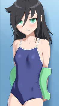1girl arms_behind_back bags_under_eyes black_hair blue_background blue_one-piece_swimsuit breasts collarbone commentary_request cowboy_shot gradient_background green_eyes hair_between_eyes highres holding holding_kickboard ichikawa_masahiro kickboard kuroki_tomoko light_blush long_hair looking_at_viewer new_school_swimsuit one-piece_swimsuit parted_lips school_swimsuit sidelocks simple_background small_breasts smile solo swimsuit watashi_ga_motenai_no_wa_dou_kangaetemo_omaera_ga_warui!
